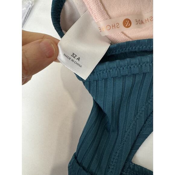 Shade & Shore One Piece Swimsuit Cutout Push Up Padded Ribbed Tie-Front Teal 32A - Picture 7 of 8